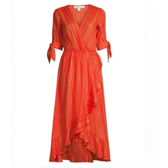 NWT MICHAEL MICHAEL KORS Metallic Crepe Ruffled Wrap Dress In Sangria XS - Picture 1 of 10